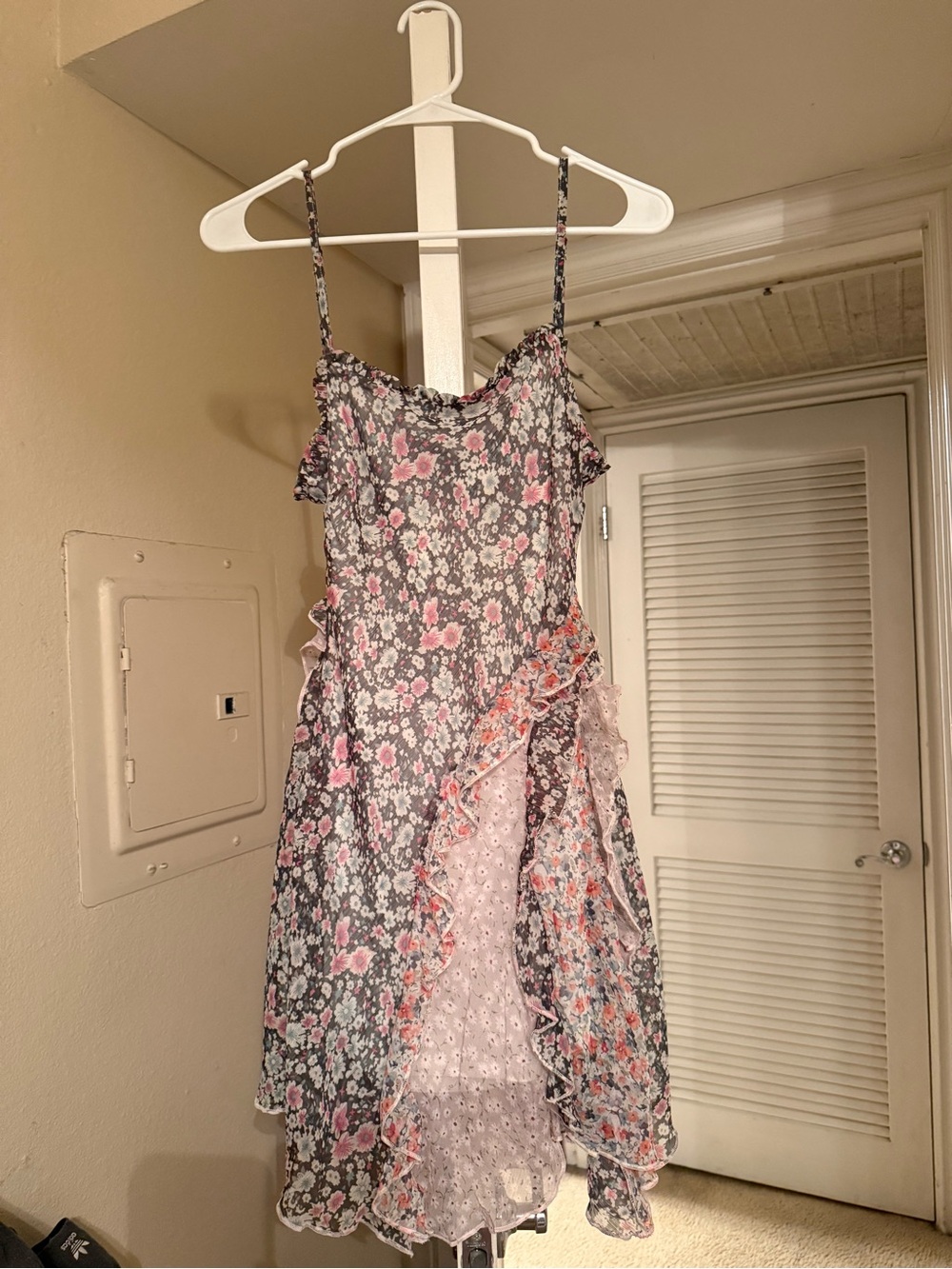 STR Pink and Gray Floral Ruffle Sundress